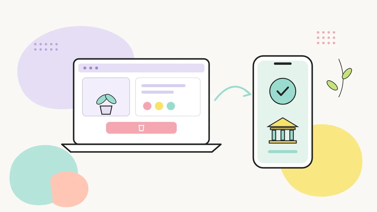 Ilustración de una tienda online en una laptop cuyo pago llega confirmado a un celular con el ícono de un banco
