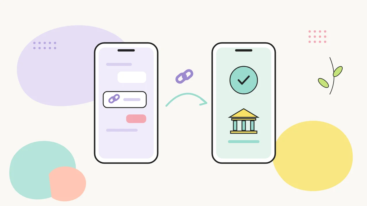 Ilustración de un link de pago enviado por chat desde un celular y confirmado en otro celular con el ícono de un banco